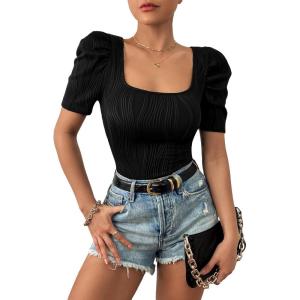 imageFloerns Womens Summer Square Neck Schiffy Drawstring Front Crop Top BlouseDull Black