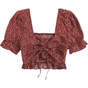 imageFloerns Womens Summer Square Neck Schiffy Drawstring Front Crop Top BlouseMaroon