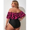 imageFloerns Womens Plus Size Two Piece Off Shoulder High Waisted Bikini SwimsuitBlack and Pink