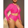 imageFloerns Womens Plus Size Zipper Front Long Sleeve Rashguard SwimsuitHot Pink