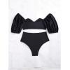 imageFloerns Womens Puff Sleeve Appliques Micro Crop Tops 2 Piece High Waist Thong Bikini SetBlack