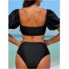 imageFloerns Womens Puff Sleeve Appliques Micro Crop Tops 2 Piece High Waist Thong Bikini SetBlack