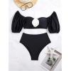 imageFloerns Womens Puff Sleeve Appliques Micro Crop Tops 2 Piece High Waist Thong Bikini SetBlack