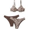 imageFloerns Womens 3 Piece Zebra Print Push Up Strappy Beachwear Bikini SwimsuitBrown and Beige