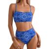 imageFloerns Womens Flower Print 2 Piece Bathing Suit High Waist Bikini SwimsuitBlue