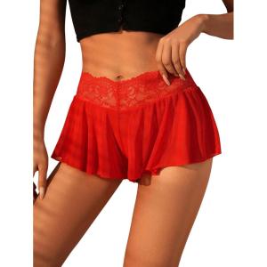 imageFloerns Womens 3 Piece Floral Lace Trim Panty Mid Rise Ruffle Overlay BoyshortsBlack and Red