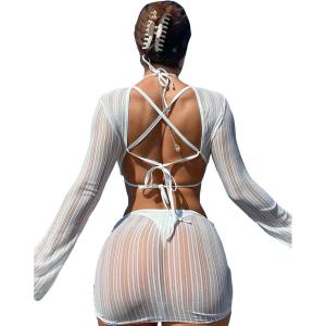 imageFloerns Womens 3 Piece Hollow Out Solid Bikini Swimsuit Set with Backless Cover UpWhite