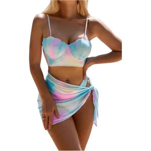 imageFloerns Womens 3 Piece Ombre Push Up High Cut Swimsuit Bikini Sets with Beach SkirtsLight Blue