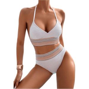 imageFloerns Womens Bathing Suit Striped Print Halter Neck Triangle Bikini SwimsuitsWhite Multi