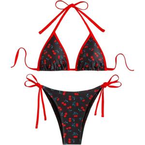 imageFloerns Womens Cherry Print Bathing Suit Tie Side Halter Triangle Bikini Swimsuit