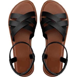 imageFloerns Womens Flat Sandal Cross Band Walking Sandal Open Toe Ankle Straps ShoesBlack