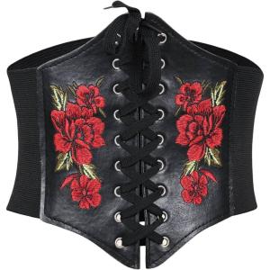 imageFloerns Womens Lace Up Floral Embroidery Self Tie Elastic Corset BeltBlack
