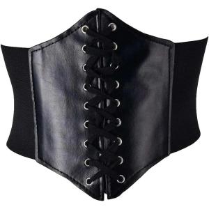 imageFloerns Womens Lace Up Floral Embroidery Self Tie Elastic Corset BeltBlack and Red