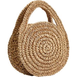 imageFloerns Womens Mini Straw Bag Round Beach Bag Vacation Handbag Crochet BagsBrown