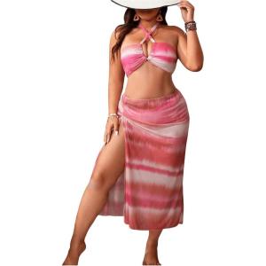 imageFloerns Womens Plus Size Cut Out Halter Tops Tie Dye 3 Piece Bikini Sets with SkirtsPink