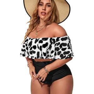 imageFloerns Womens Plus Size Two Piece Off Shoulder High Waisted Bikini SwimsuitBlack and White