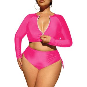 imageFloerns Womens Plus Size Zipper Front Long Sleeve Rashguard SwimsuitHot Pink