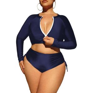 imageFloerns Womens Plus Size Zipper Front Long Sleeve Rashguard SwimsuitNavy Blue