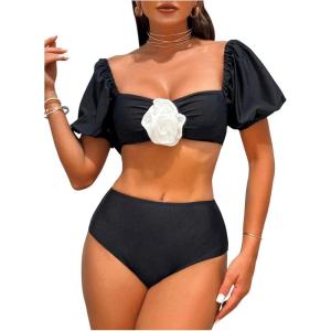imageFloerns Womens Puff Sleeve Appliques Micro Crop Tops 2 Piece High Waist Thong Bikini SetBlack