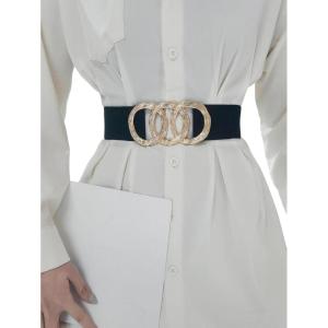 imageFloerns Womens Symmetrical Buckle Wide Belt for Dresses Elastic Vintage BeltBlack Ink