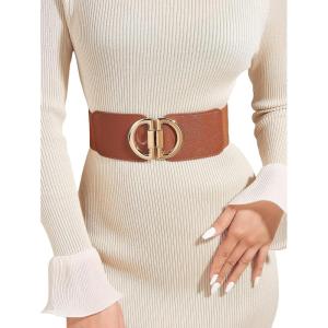 imageFloerns Womens Symmetrical Buckle Wide Belt for Dresses Elastic Vintage BeltBrown