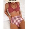 imageFloerns Womens 2 Piece Knot Front Solid Bra and High Waist Plaid Bottoms Bikini Swimsuit SetPink and White