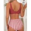 imageFloerns Womens 2 Piece Knot Front Solid Bra and High Waist Plaid Bottoms Bikini Swimsuit SetPink and White