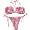 imageFloerns Womens Appliques Triangle Lettuce Trim Bikini Set Halter Wireless Bra and Tie Side Thong Swimsuit Set