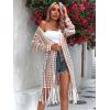 imageFloerns Womens Boho Striped Print Hollow Out Long Sleeve Fringe Trim Open Front Knit CardiganMulticolor
