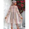 imageFloerns Womens Boho Striped Print Hollow Out Long Sleeve Fringe Trim Open Front Knit CardiganMulticolor
