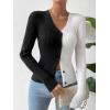 imageFloerns Womens Colorblock Ribbed Knit Button Front V Neck Long Sleeve Cardigan SweaterBlack and White