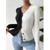 imageFloerns Womens Colorblock Ribbed Knit Button Front V Neck Long Sleeve Cardigan SweaterBlack and White