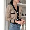 imageFloerns Womens Contrast Trim Long Sleeve Button Front V Neck CardiganKhaki