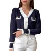 imageFloerns Womens Contrast Trim Long Sleeve Button Front V Neck CardiganNavy Blue