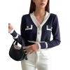 imageFloerns Womens Contrast Trim Long Sleeve Button Front V Neck CardiganNavy Blue