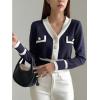 imageFloerns Womens Contrast Trim Long Sleeve Button Front V Neck CardiganNavy Blue