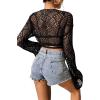 imageFloerns Womens Hollow Out V Neck Tie Front Long Sleeve Cardigan Sweater Crop TopBlack