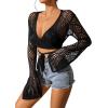 imageFloerns Womens Hollow Out V Neck Tie Front Long Sleeve Cardigan Sweater Crop TopBlack
