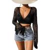 imageFloerns Womens Hollow Out V Neck Tie Front Long Sleeve Cardigan Sweater Crop TopBlack
