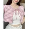 imageFloerns Womens Plaid Print Short Sleeve Tie Front Scoop Neck Crop Top TeePink