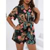 imageFloerns Womens Plus Size 2 Piece Outfit Tropical Print Kimono Top and Shorts SetBlack Tropical
