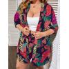 imageFloerns Womens Plus Size 2 Piece Outfit Tropical Print Kimono Top and Shorts SetNavy Blue