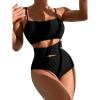 imageFloerns Womens 2 Piece Strappy Bra and Criss Cross Cut Out High Waist Bottoms Bikini SetBlack