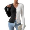 imageFloerns Womens Colorblock Ribbed Knit Button Front V Neck Long Sleeve Cardigan SweaterBlack and White