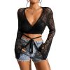 imageFloerns Womens Hollow Out V Neck Tie Front Long Sleeve Cardigan Sweater Crop TopBlack