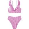 imageFloerns Womens Striped 2 Piece Ruffled Trim Crop Tops High Waist Thong Bikini SetsHot Pink