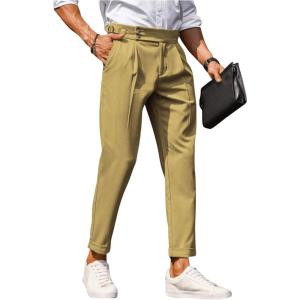 imageFloerns Mens Fold Pleated Tailored Pants Work Office Business Trousers PantsMustard Yellow