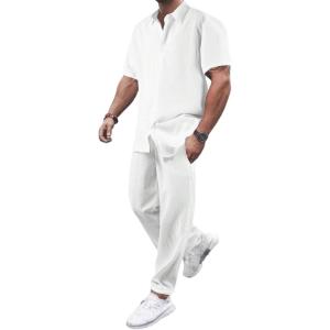 imageFloerns Mens Solid Button Down Short Sleeve Shirts with Pants Set 2 Piece OutfitWhite