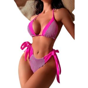 imageFloerns Womens 2 Piece Bathing Suit Tie Side Halter Triangle Bikini SwimsuitPink