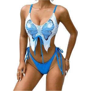 imageFloerns Womens 2 Piece Butterfly Print Cut Out Tie Front Swimsuit Bikini SetBlue
